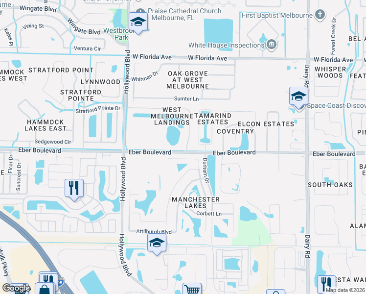 map of restaurants, bars, coffee shops, grocery stores, and more near 1227 Alaqua Way in Melbourne