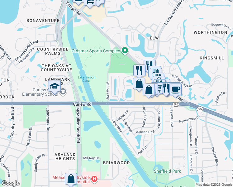 map of restaurants, bars, coffee shops, grocery stores, and more near 200 Countryside Key Boulevard in Oldsmar
