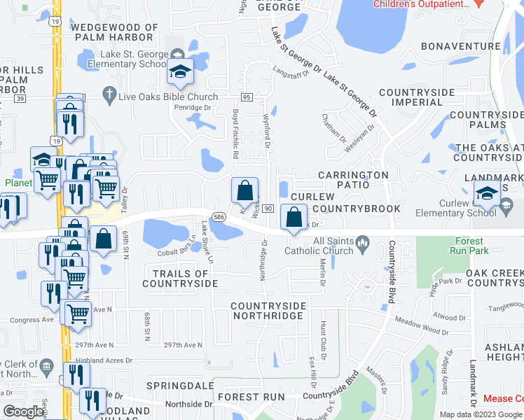 map of restaurants, bars, coffee shops, grocery stores, and more near 932 Wicks Drive in Palm Harbor