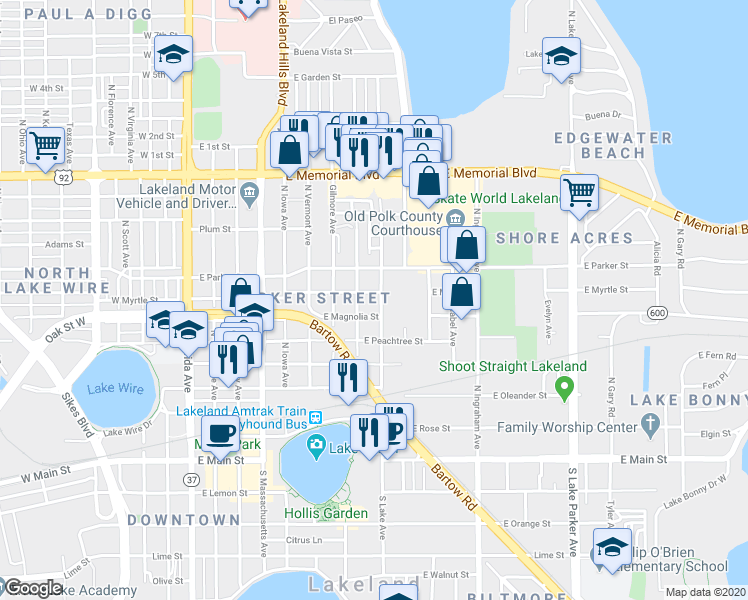 map of restaurants, bars, coffee shops, grocery stores, and more near 604 North Lake Avenue in Lakeland
