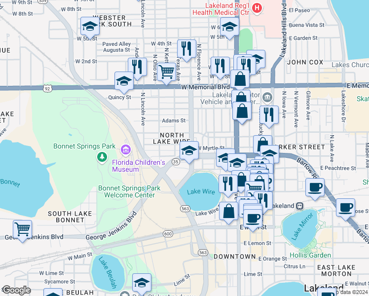map of restaurants, bars, coffee shops, grocery stores, and more near 503 West Magnolia Street in Lakeland