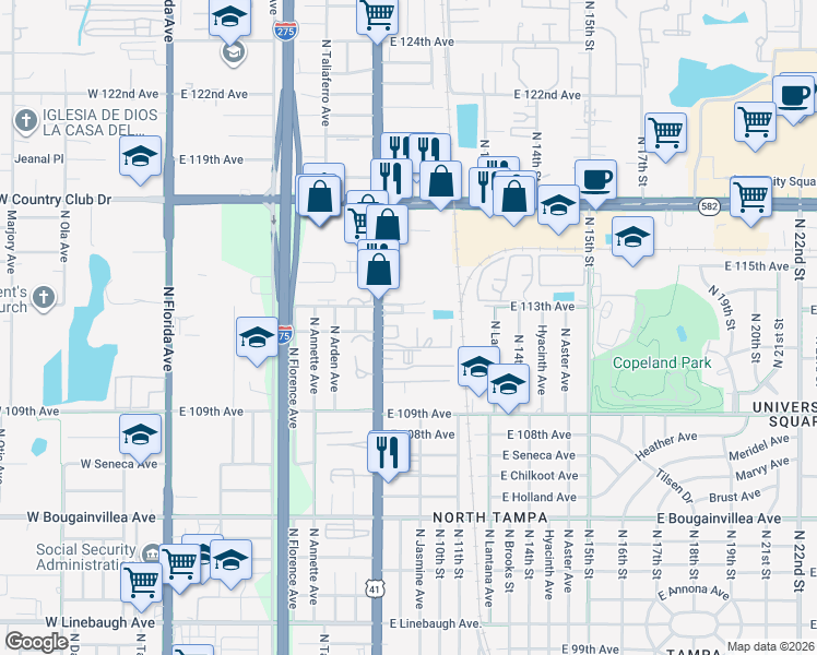 map of restaurants, bars, coffee shops, grocery stores, and more near in Tampa