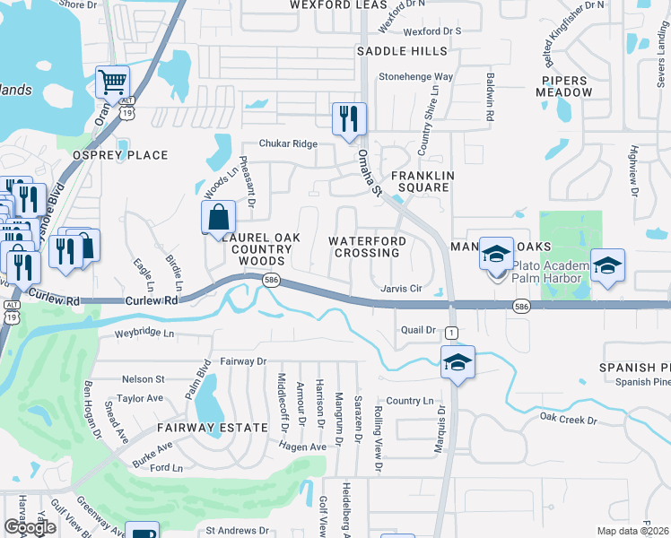 map of restaurants, bars, coffee shops, grocery stores, and more near 2686 Scobee Drive in Palm Harbor