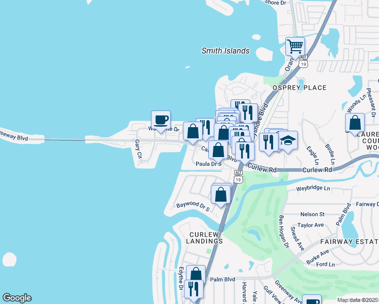 map of restaurants, bars, coffee shops, grocery stores, and more near 423 Paula Drive South in Dunedin
