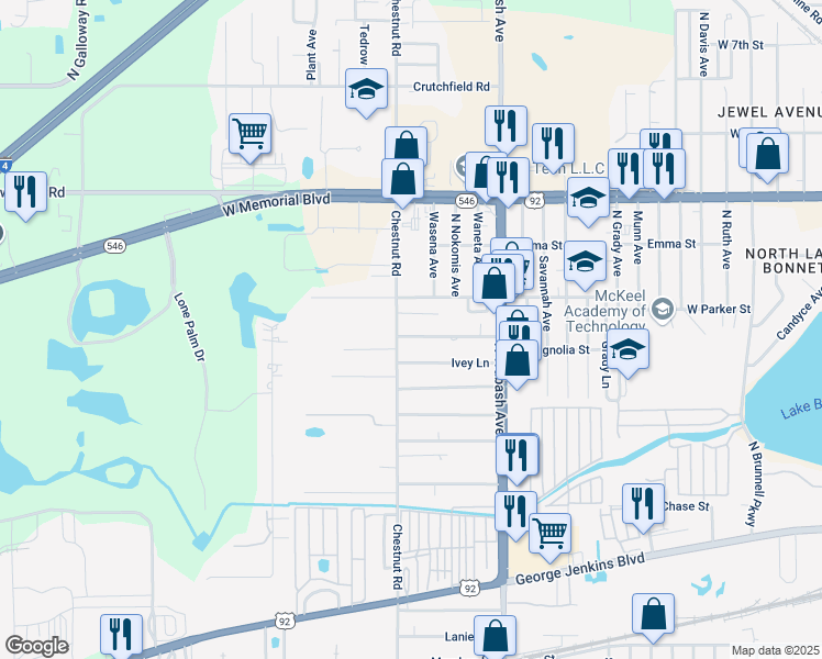 map of restaurants, bars, coffee shops, grocery stores, and more near 2313 Yeats Street in Lakeland