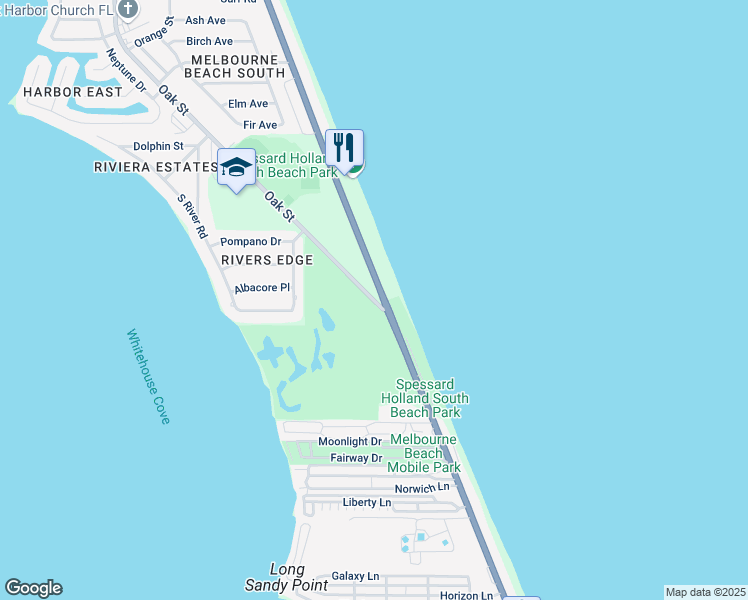 map of restaurants, bars, coffee shops, grocery stores, and more near 2373 Oak Street in Melbourne Beach