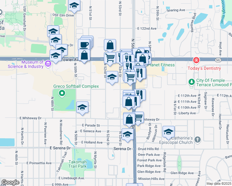 map of restaurants, bars, coffee shops, grocery stores, and more near 11250 North 56th Street in Temple Terrace