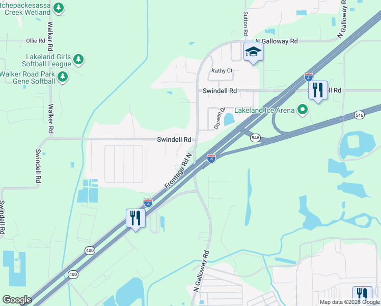 map of restaurants, bars, coffee shops, grocery stores, and more near 3629 Frontage Road North in Lakeland
