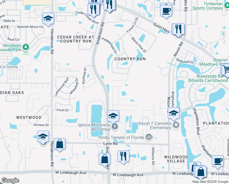 map of restaurants, bars, coffee shops, grocery stores, and more near 11029 Streamside Drive in Tampa