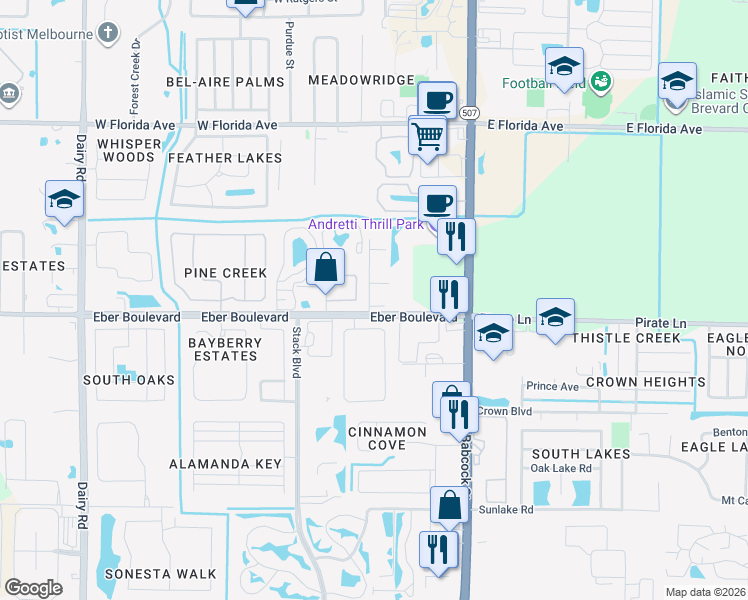 map of restaurants, bars, coffee shops, grocery stores, and more near 3995 Almeida Court in Melbourne
