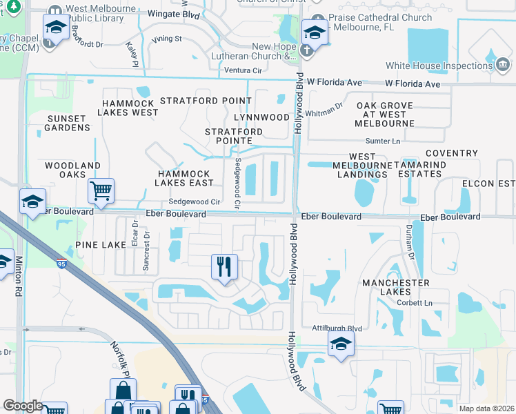 map of restaurants, bars, coffee shops, grocery stores, and more near 1321 Olde Bailey Lane in Melbourne
