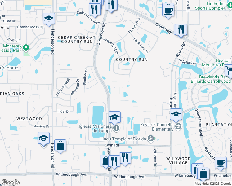 map of restaurants, bars, coffee shops, grocery stores, and more near 11029 Streamside Drive in Tampa