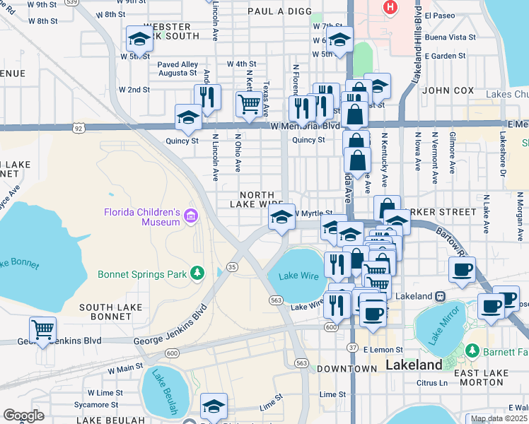 map of restaurants, bars, coffee shops, grocery stores, and more near 530 West Myrtle Street in Lakeland
