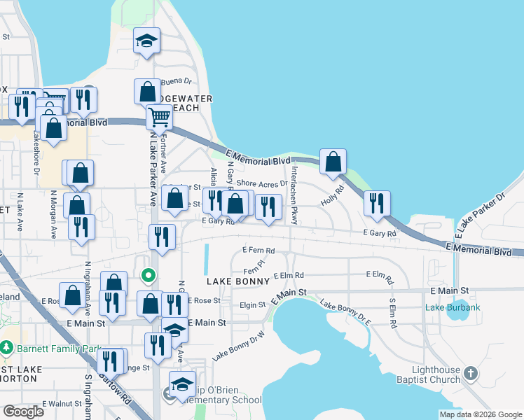 map of restaurants, bars, coffee shops, grocery stores, and more near 1511 Holly Road in Lakeland