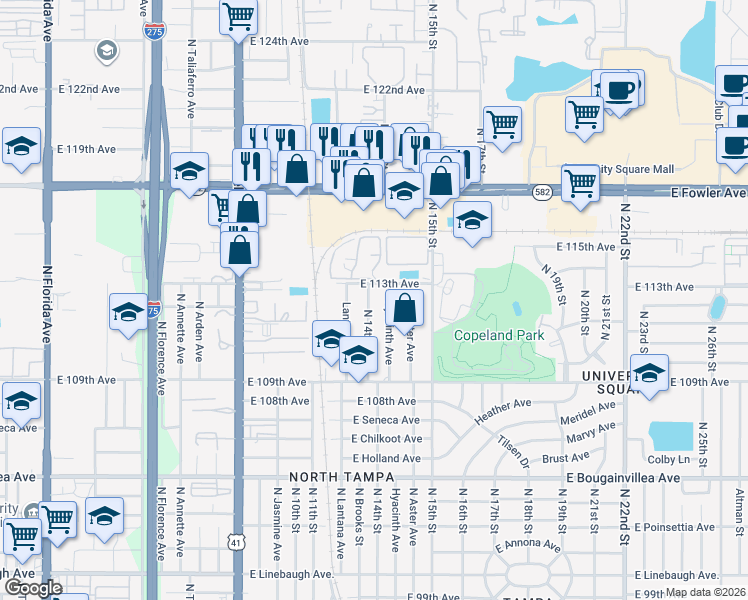 map of restaurants, bars, coffee shops, grocery stores, and more near 10932 North 14th Street in Tampa