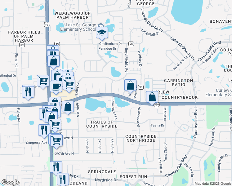 map of restaurants, bars, coffee shops, grocery stores, and more near 605 Linda Court in Palm Harbor