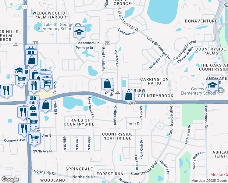 map of restaurants, bars, coffee shops, grocery stores, and more near 936 Wicks Drive in Palm Harbor