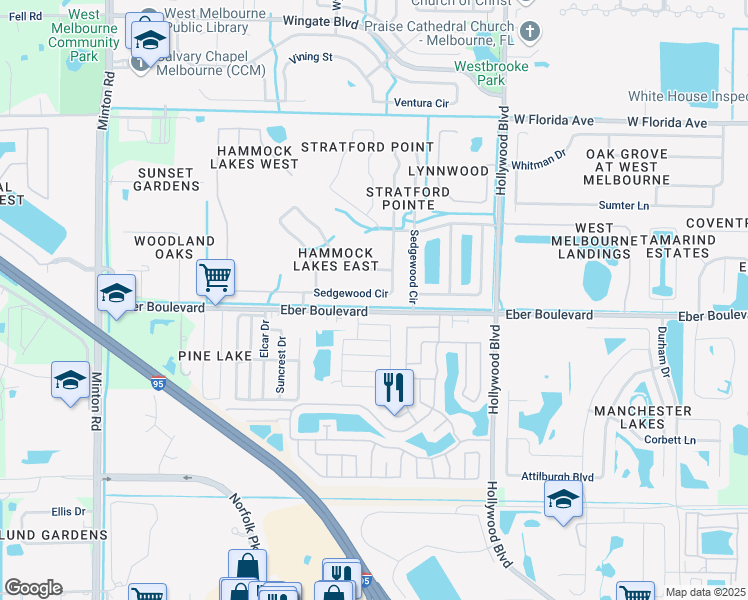 map of restaurants, bars, coffee shops, grocery stores, and more near 244 Sedgewood Circle in West Melbourne