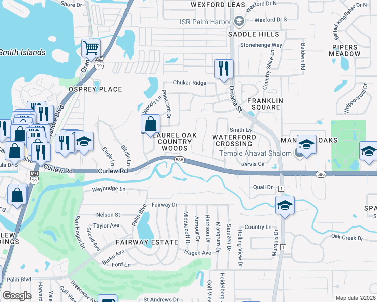 map of restaurants, bars, coffee shops, grocery stores, and more near 1559 McAuliffe Lane in Palm Harbor