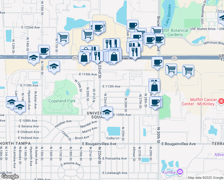 map of restaurants, bars, coffee shops, grocery stores, and more near 2312 East 112th Avenue in Tampa