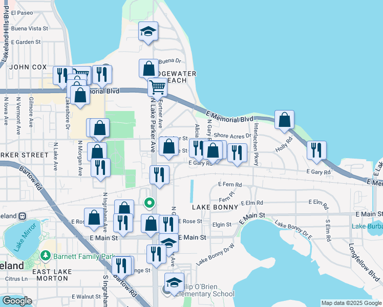 map of restaurants, bars, coffee shops, grocery stores, and more near 1340 East Gary Road in Lakeland