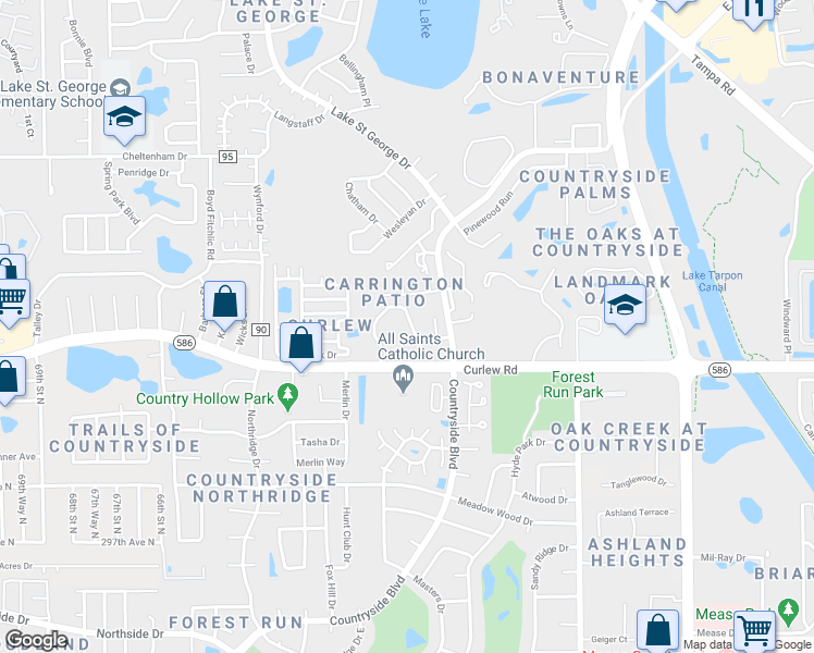 map of restaurants, bars, coffee shops, grocery stores, and more near 2846 Countrybrook Drive in Palm Harbor