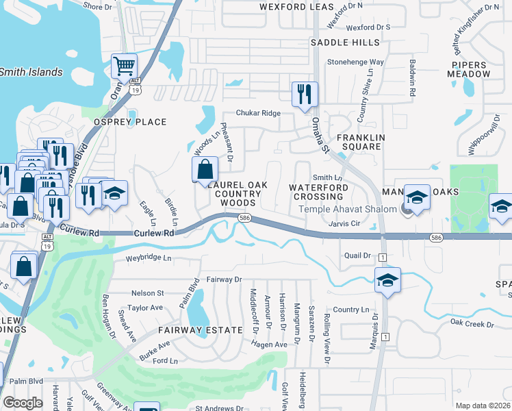 map of restaurants, bars, coffee shops, grocery stores, and more near 1559 McAuliffe Lane in Palm Harbor