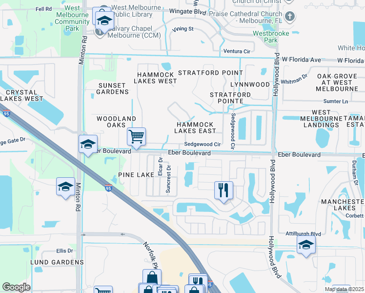 map of restaurants, bars, coffee shops, grocery stores, and more near 64 Sedgewood Circle in West Melbourne