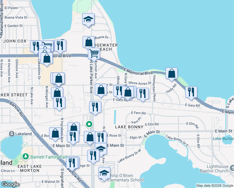map of restaurants, bars, coffee shops, grocery stores, and more near 1340 East Gary Road in Lakeland