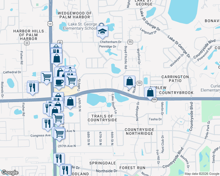 map of restaurants, bars, coffee shops, grocery stores, and more near 605 Linda Court in Palm Harbor
