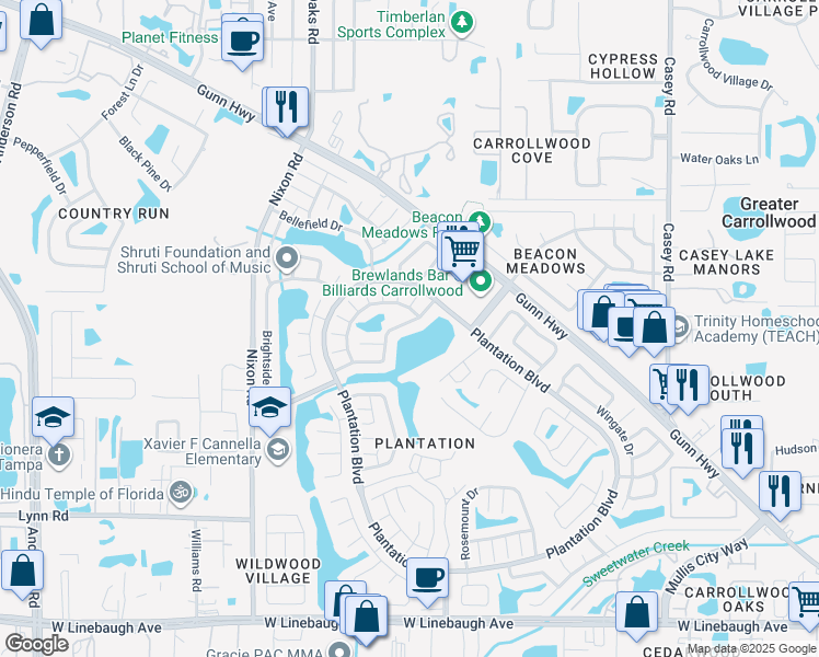 map of restaurants, bars, coffee shops, grocery stores, and more near 5020 Springwood Drive in Tampa