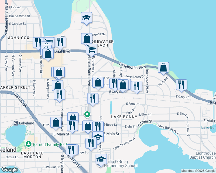 map of restaurants, bars, coffee shops, grocery stores, and more near 1340 East Gary Road in Lakeland