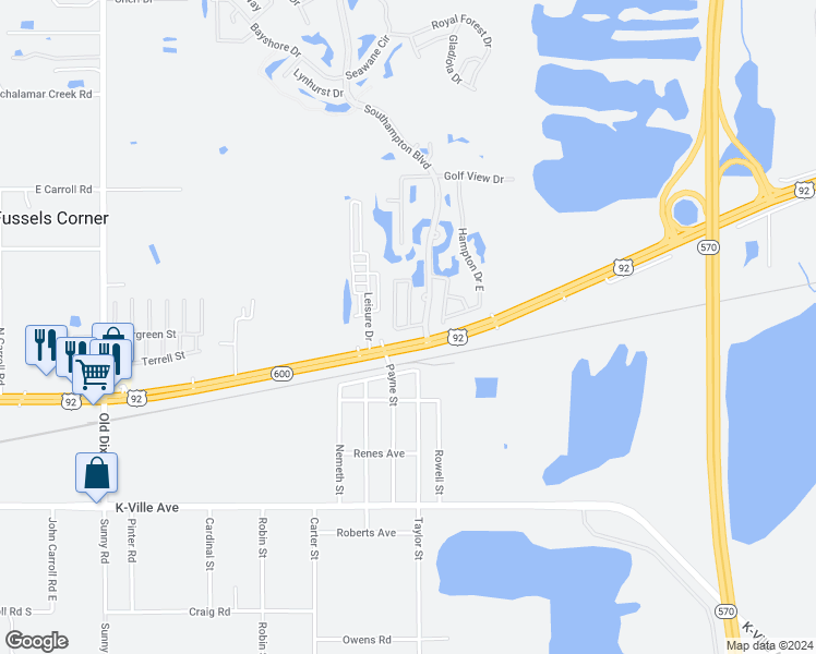 map of restaurants, bars, coffee shops, grocery stores, and more near 4 West Hampton Drive in Auburndale