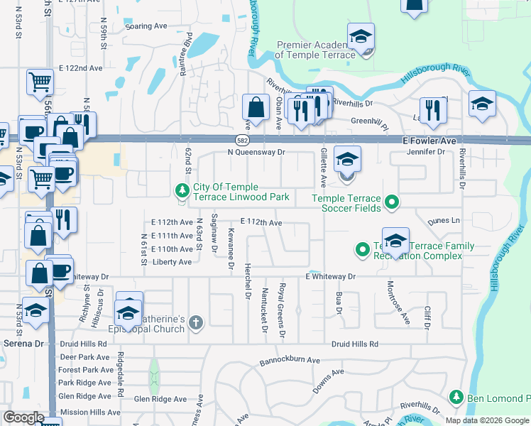 map of restaurants, bars, coffee shops, grocery stores, and more near 6317 East 113th Avenue in Tampa