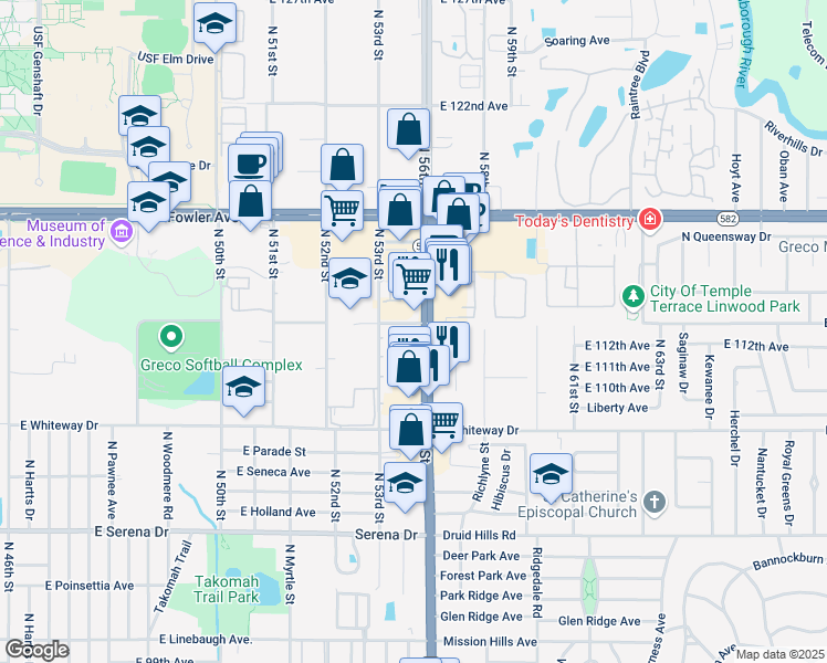map of restaurants, bars, coffee shops, grocery stores, and more near 11250 North 56th Street in Temple Terrace