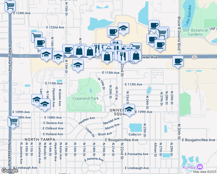 map of restaurants, bars, coffee shops, grocery stores, and more near 11103 North 19th Street in Tampa