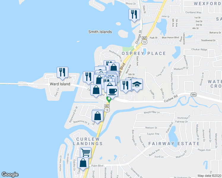 map of restaurants, bars, coffee shops, grocery stores, and more near 2618 Bayshore Boulevard in Dunedin