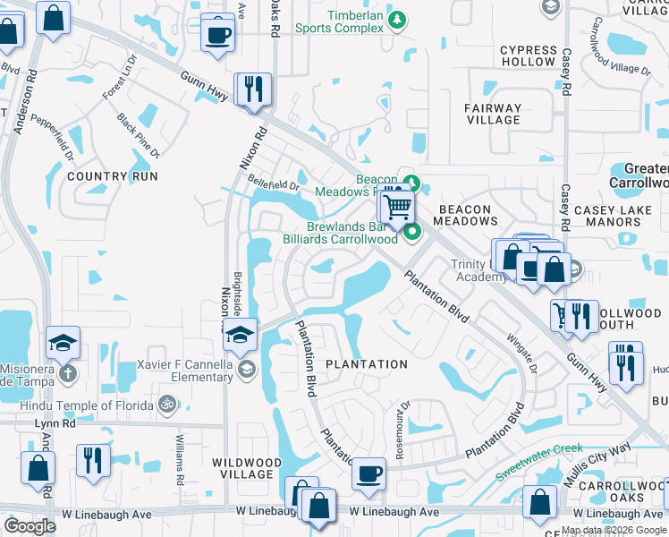 map of restaurants, bars, coffee shops, grocery stores, and more near 5103 Spicewood Court in Tampa