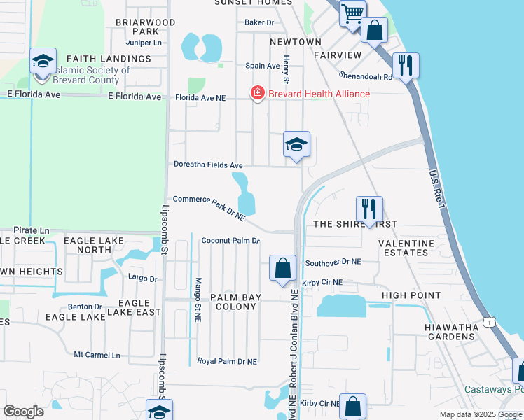 map of restaurants, bars, coffee shops, grocery stores, and more near 2351 Commerce Park Drive Northeast in Palm Bay