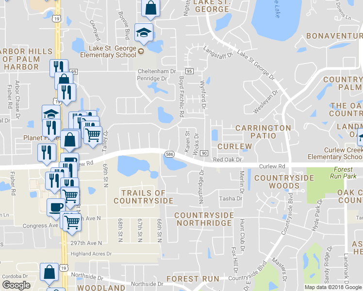 map of restaurants, bars, coffee shops, grocery stores, and more near 734 Barbara Street in Palm Harbor