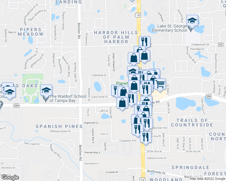 map of restaurants, bars, coffee shops, grocery stores, and more near 70 Chisum Trail in Palm Harbor