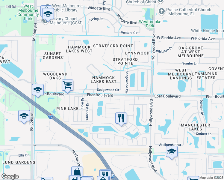 map of restaurants, bars, coffee shops, grocery stores, and more near 244 Sedgewood Circle in West Melbourne
