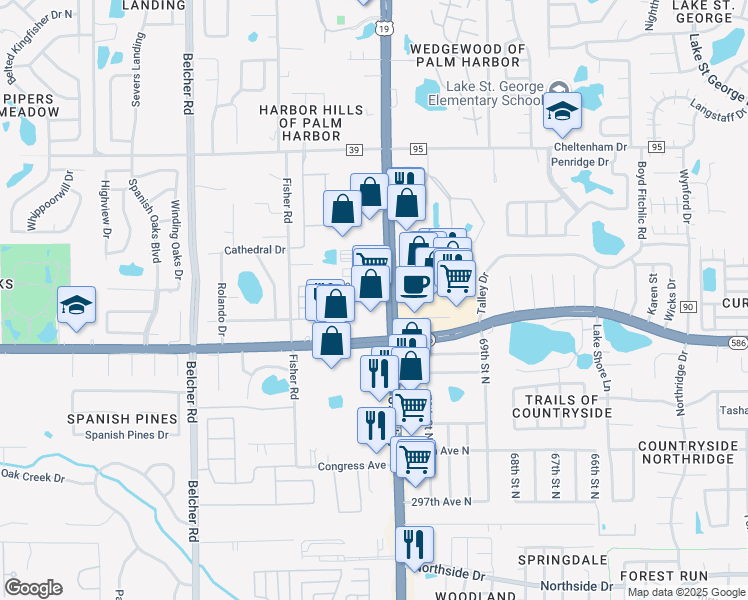 map of restaurants, bars, coffee shops, grocery stores, and more near 30608 US Highway 19 North in Palm Harbor