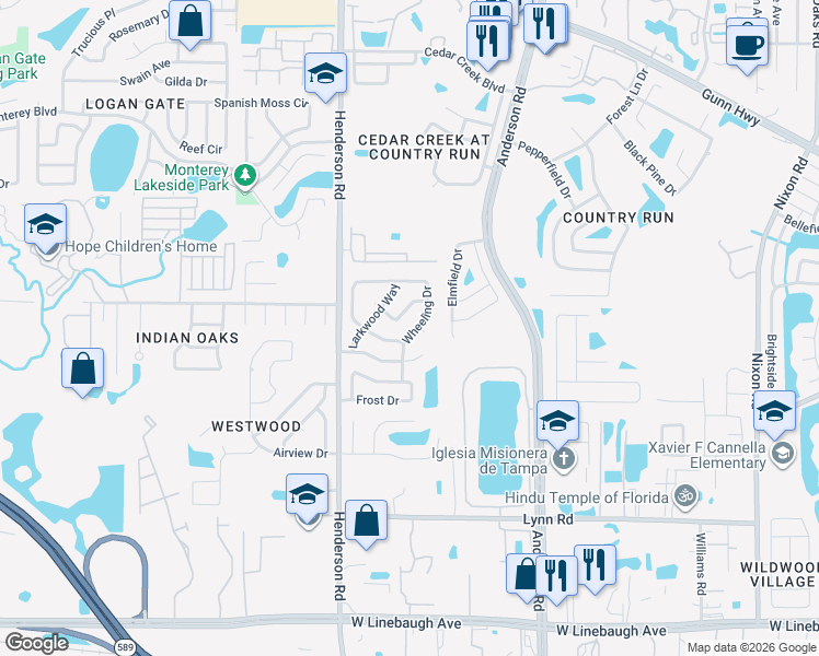 map of restaurants, bars, coffee shops, grocery stores, and more near 11206 Wheeling Drive in Tampa