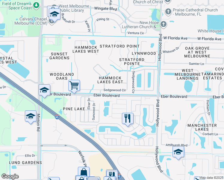 map of restaurants, bars, coffee shops, grocery stores, and more near 2455 Eber Boulevard in West Melbourne