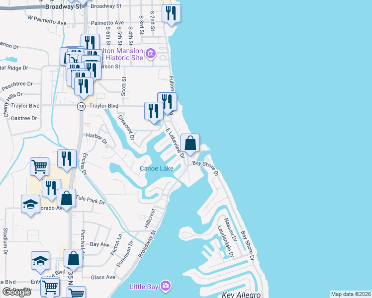 map of restaurants, bars, coffee shops, grocery stores, and more near 620 Fulton Beach Road in Rockport