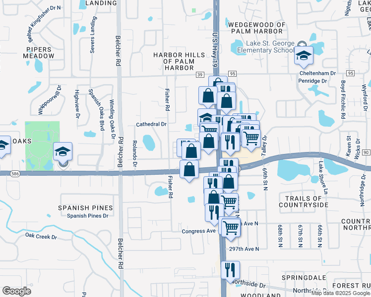 map of restaurants, bars, coffee shops, grocery stores, and more near 44 Sante Fe Trail in Palm Harbor