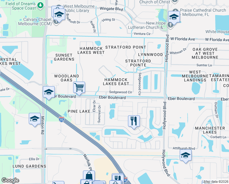 map of restaurants, bars, coffee shops, grocery stores, and more near 2455 Eber Boulevard in West Melbourne