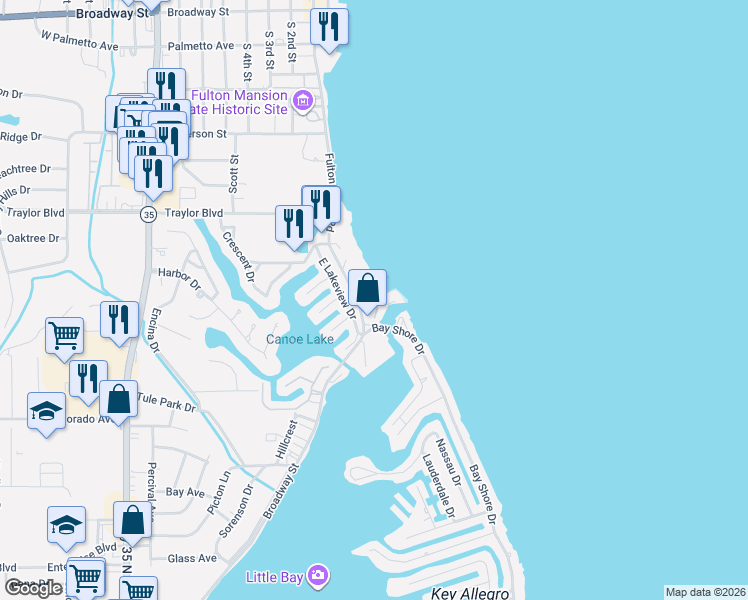 map of restaurants, bars, coffee shops, grocery stores, and more near 630 Fulton Beach Road in Rockport
