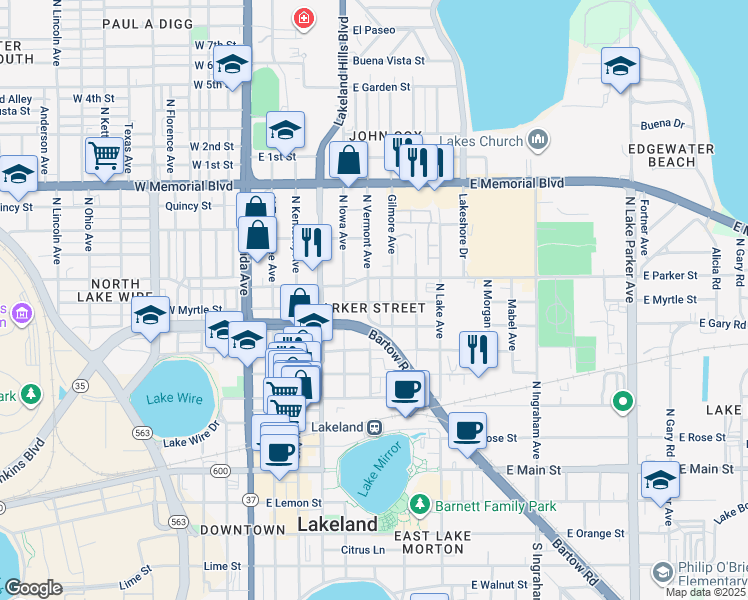 map of restaurants, bars, coffee shops, grocery stores, and more near 606 North Vermont Avenue in Lakeland